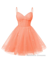 Womens V Neck Tulle Spaghetti Straps Coral Homecoming Dresses with Corset Back Short Prom Gowns for Teens